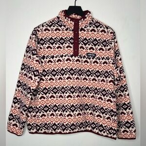 Women's Fleece Pullover Fair Isle Print Snap Neck‎ Burgundy Cream Size LP